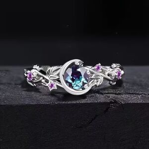 Celestial Silver Crystal Ring Moon Stars Gemstone Flowers Boho Fashion sz: 6/7/8